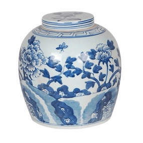 10" Round Porcelain Blue & White Floral Lidded Jar home display ornament
