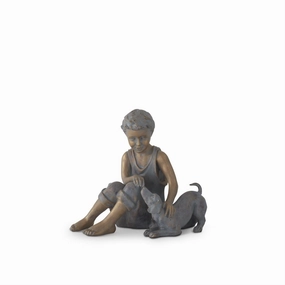 11.25 " Blue & Gold Resin Boy w/Dog Statue interior room decor