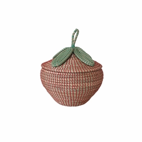 11-3/4" Round x 10-3/4"H  Hand-Woven Seagrass Strawberry Shaped Basket w/ Lid, Green & Pink interior room decor