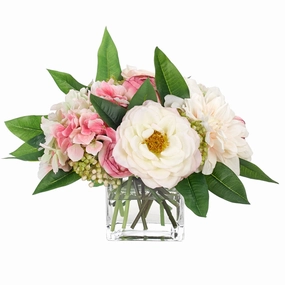 11" Faux Pink & Cream Roses and Dahlias in a Glass Cube home display ornament