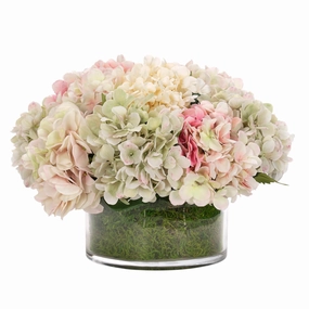 12" Faux Pink & Green Hydrangeas With Moss in a Glass Bowl home display ornament