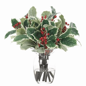 12" Holly Arrangement in Glass Vase home display ornament