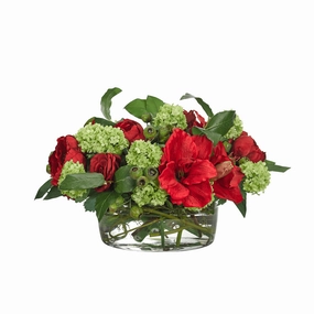 12" Red & Green Peony Hydrangea Arrangement in Glass Bowl home display ornament
