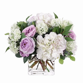 13" Faux Lavender & White Roses and Hydrangeas Watergarden in Glass Vase home display ornament