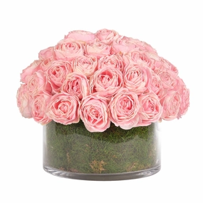 13" Faux Pink Roses With Moss in a Glass Bowl home display ornament