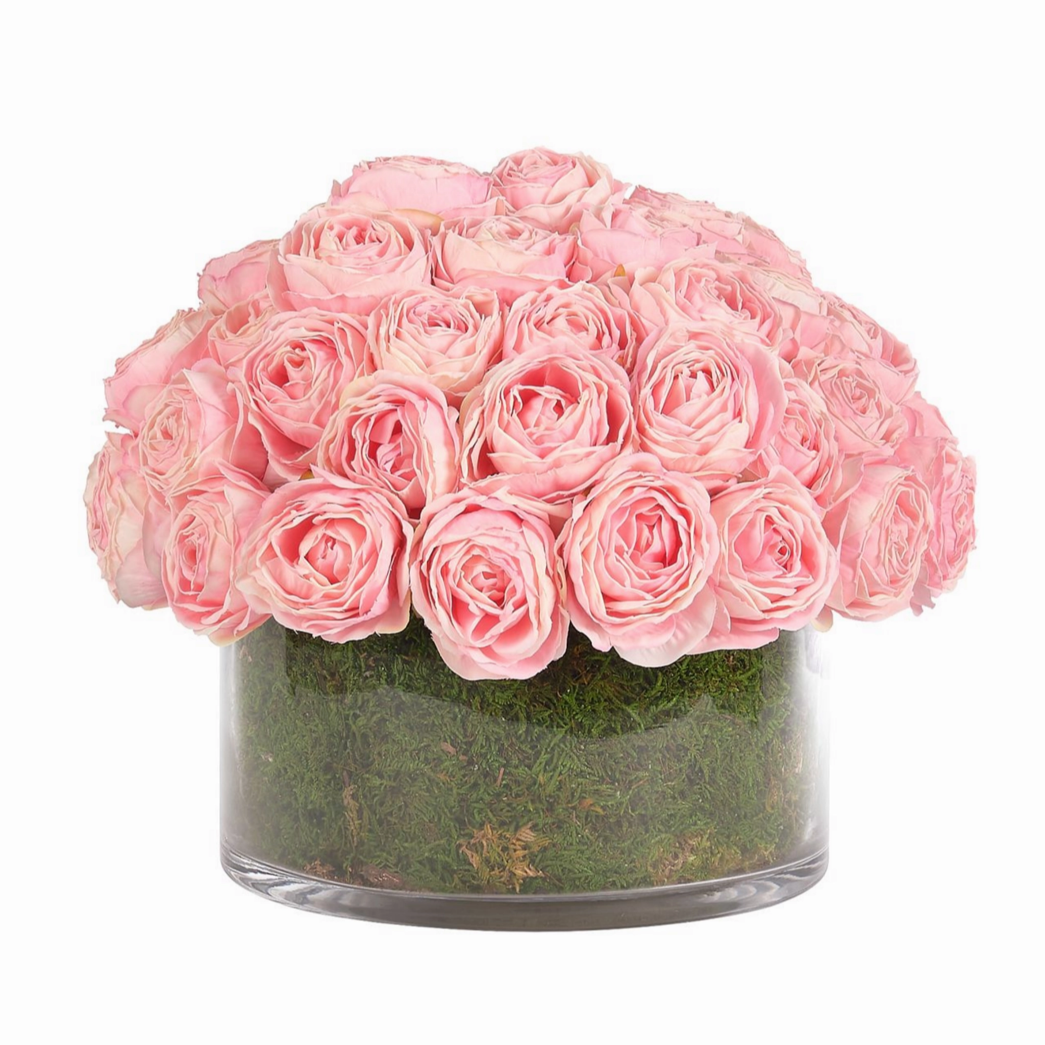 13" Faux Pink Roses With Moss in a Glass Bowl home display ornament