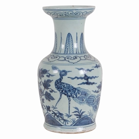 14 Foot-stomped Blue and White Peacock Vase home display ornament