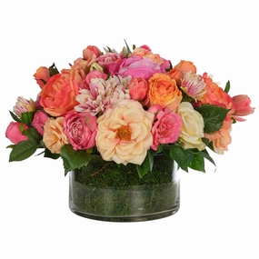14" Faux Pink & Peach Roses With Moss in a Glass Bowl home display ornament