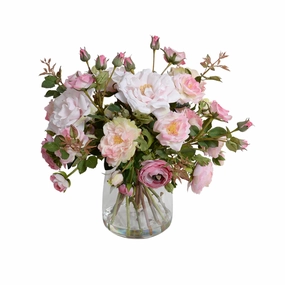 15" Faux Ranunculus & Rose Arrangement in Glass home display ornament