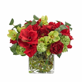 16" Red & Green Amaryllis Cymbidium Orchid Faux Watergarden in Glass Cube home display ornament