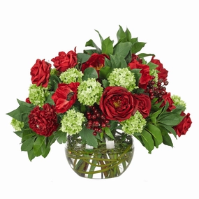 16" Red & Green Rose Snowball Faux Watergarden in Glass Bubble home display ornament