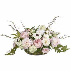 17" Faux Pink & Cream Roses and Anemones in a Glass Bowl home display ornament