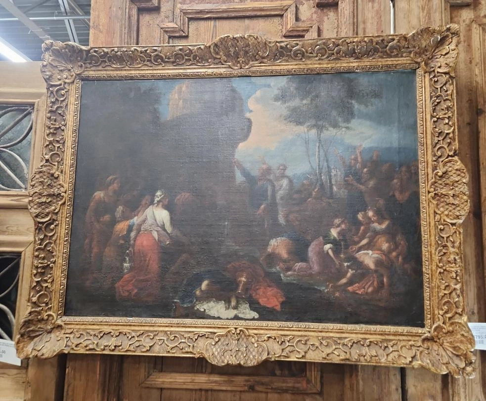 17TH CENTURY FRENCH SCHOOL LARGE OIL PAINTING OF MOSES STRIKING THE ROCK IN 19TH C. FRAME classic mural painting