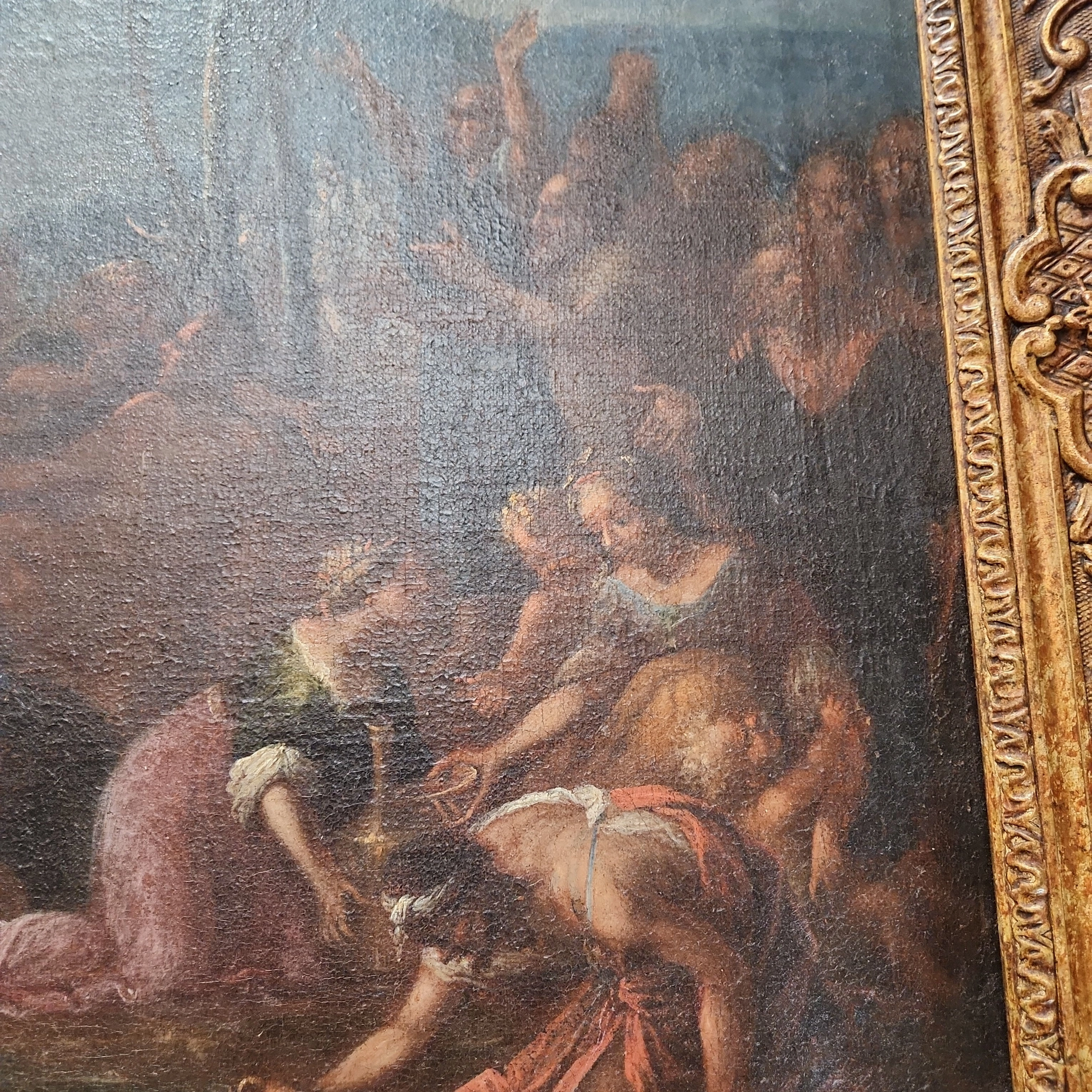 17TH CENTURY FRENCH SCHOOL LARGE OIL PAINTING OF MOSES STRIKING THE ROCK IN 19TH C. FRAME