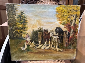 1800'S OIL PAINTING OF A WOMAN,, HORSES, AND GEESE classic mural painting