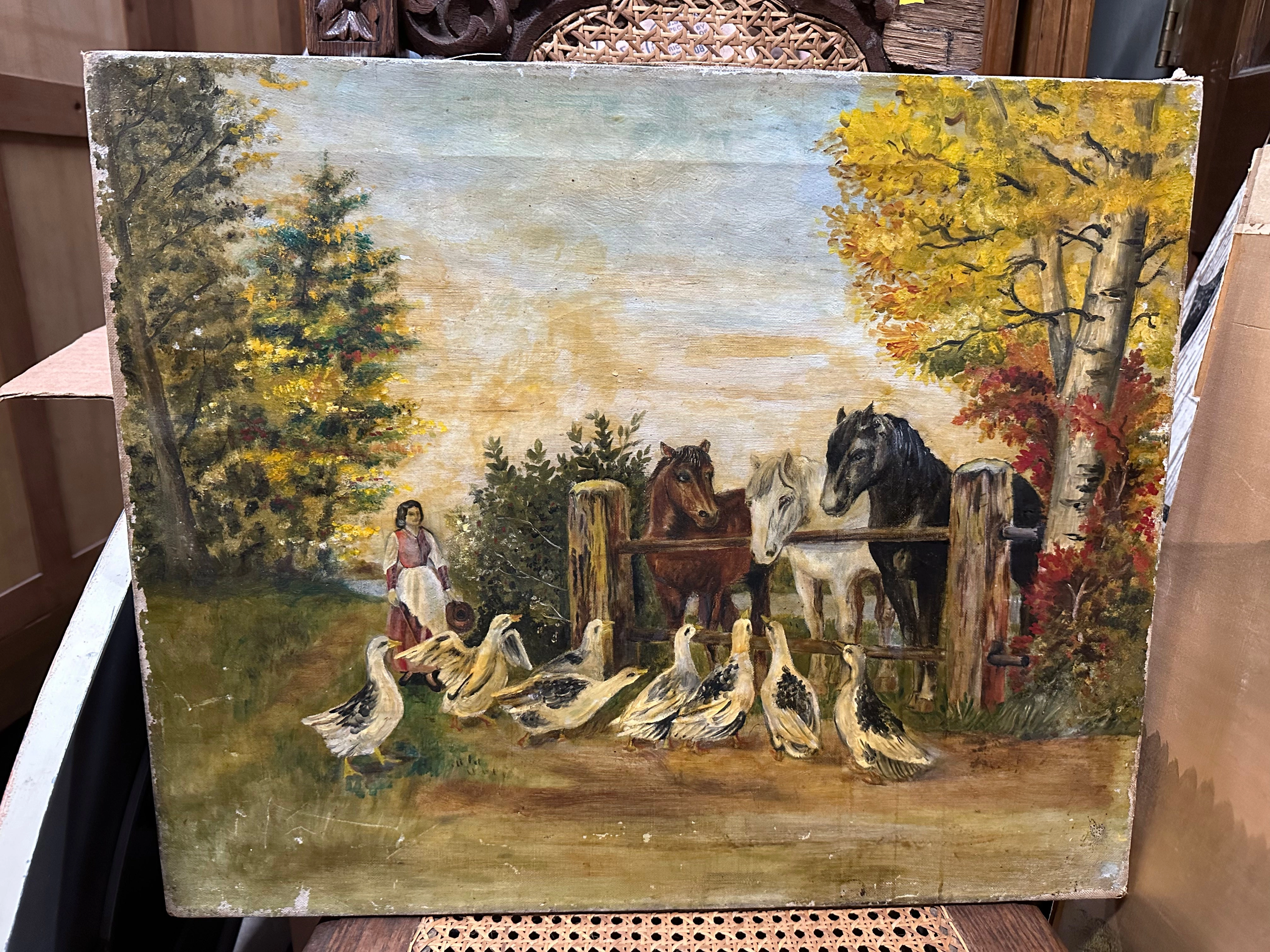 1800'S OIL PAINTING OF A WOMAN,, HORSES, AND GEESE classic mural painting