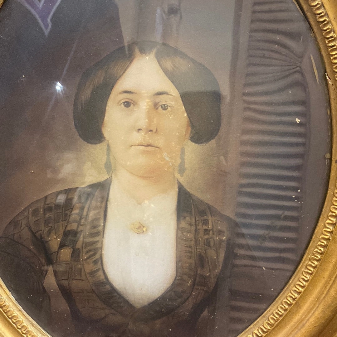 1840'S WATERCOLOR OF LADY IN GOLD OVAL FRAME classic mural painting