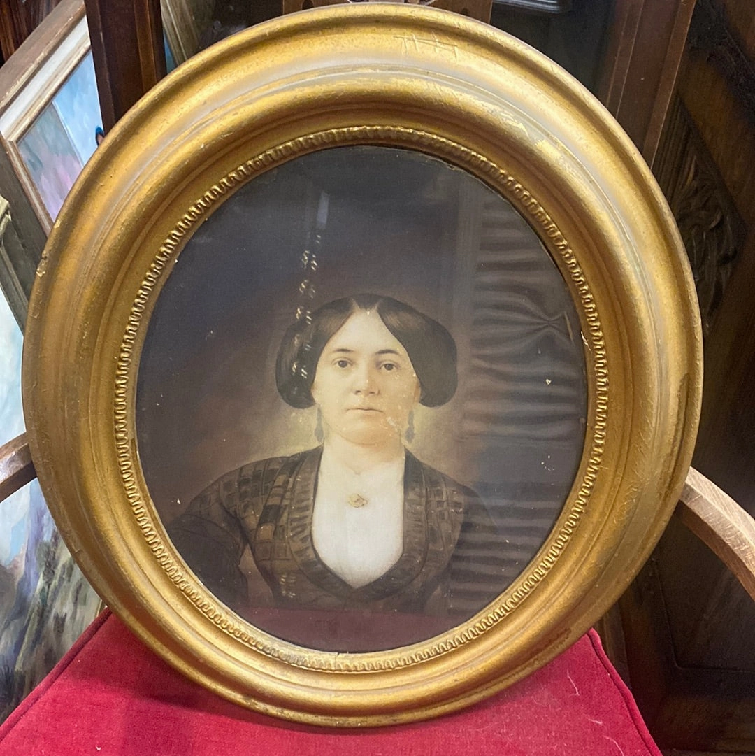 1840'S WATERCOLOR OF LADY IN GOLD OVAL FRAME