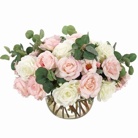18" Faux Pink & White Roses in a Glass Bubble Vase home display ornament