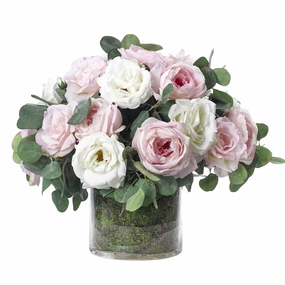 18" Faux Pink & White Roses With Moss in a Glass Cylinder home display ornament