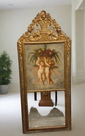18TH CENTURY GILT TRUMEAU MIRROR WITH CHERUB PAINTING ON CANVAS classic mural painting