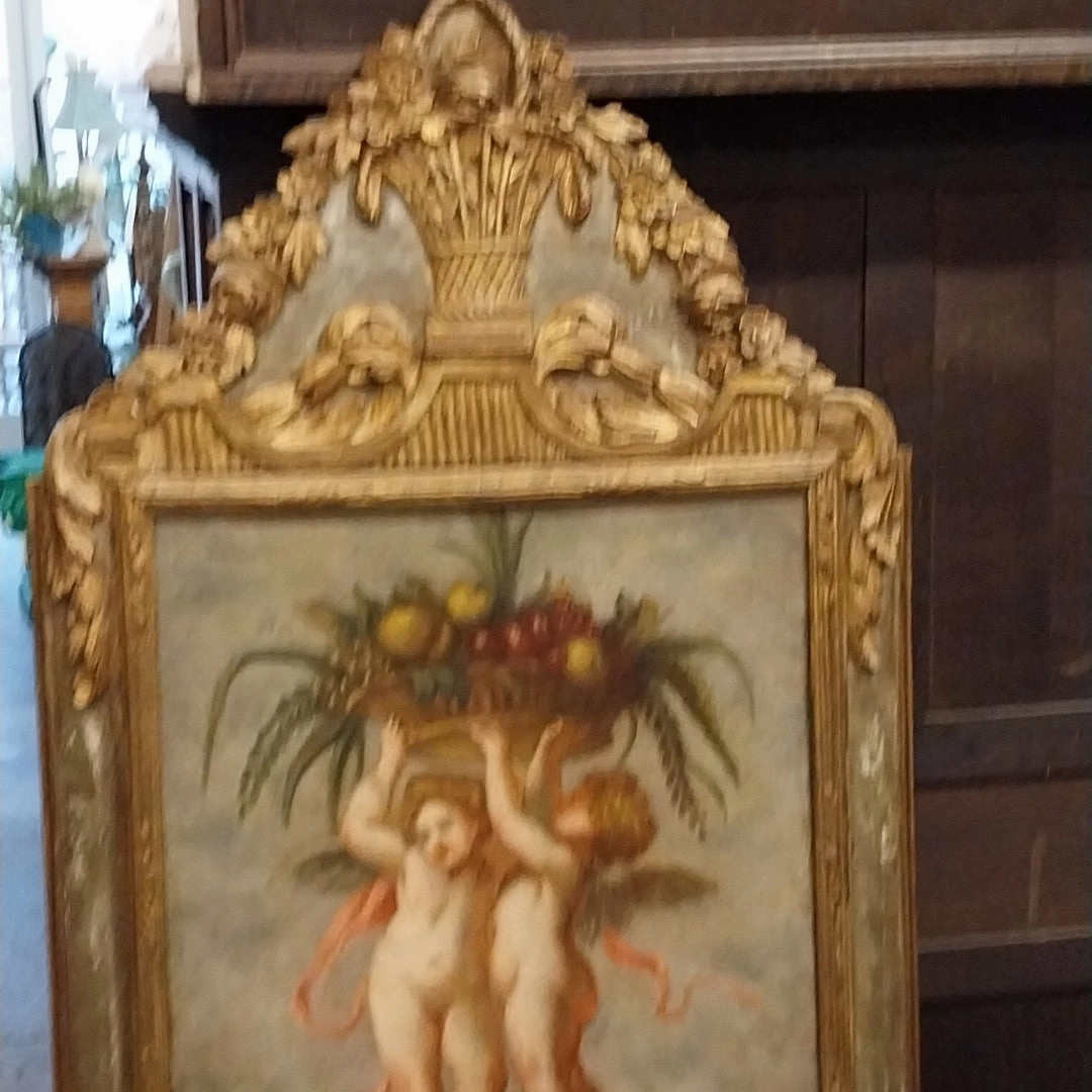 18TH CENTURY GILT TRUMEAU MIRROR WITH CHERUB PAINTING ON CANVAS