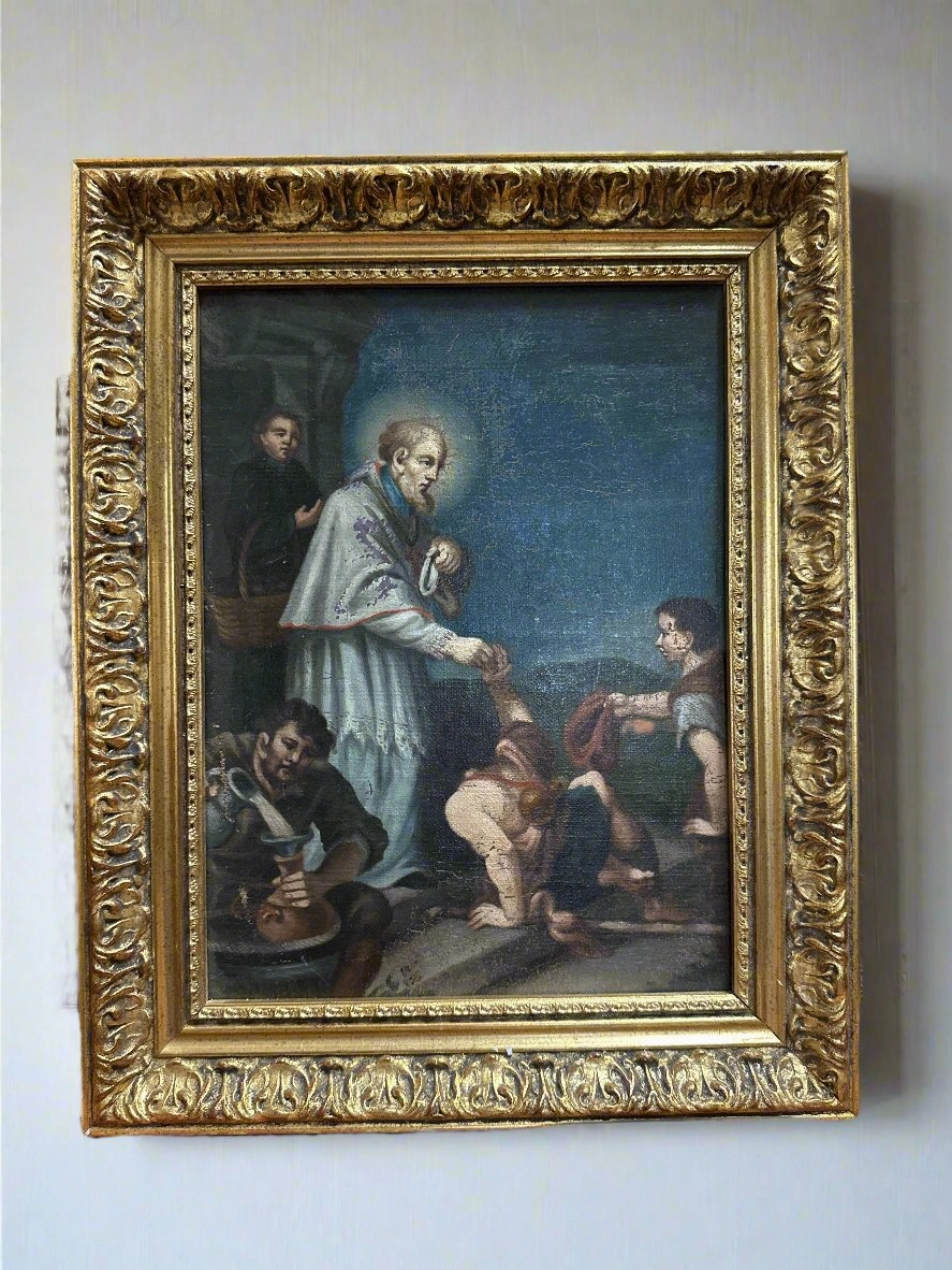 18TH CENTURY RELIGIOUS OIL PAINTING ON CANVAS ON LATER WOOD classic mural painting