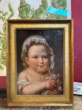 18TH CENTURY RESTORED PAINTING OF CHILD WITH GRAPE CLUSTER IN GILT FRAME classic mural painting