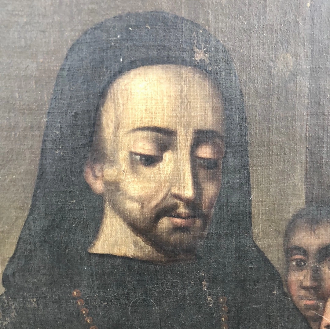 18TH CENTURY SAINT GIVING BREAD TO THE POOR OIL PAINTING ON CANVAS WITH GILT CARVED AND MIRRORED FRAME