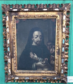 18TH CENTURY SAINT GIVING BREAD TO THE POOR OIL PAINTING ON CANVAS WITH GILT CARVED AND MIRRORED FRAME classic mural painting