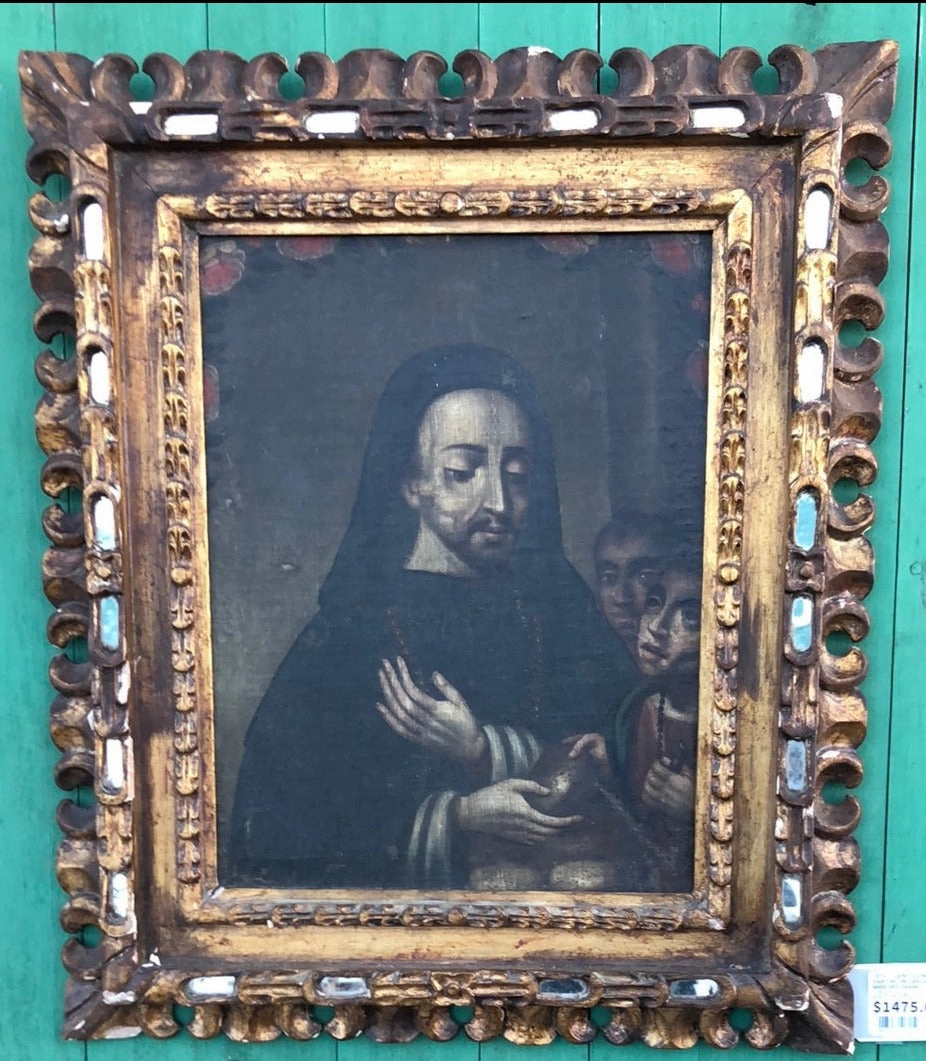 18TH CENTURY SAINT GIVING BREAD TO THE POOR OIL PAINTING ON CANVAS WITH GILT CARVED AND MIRRORED FRAME classic mural painting