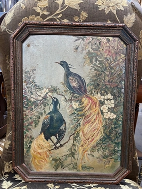 1920'S OIL PAINTING ON BOARD OF 2 COLORFUL BIRDS classic mural painting
