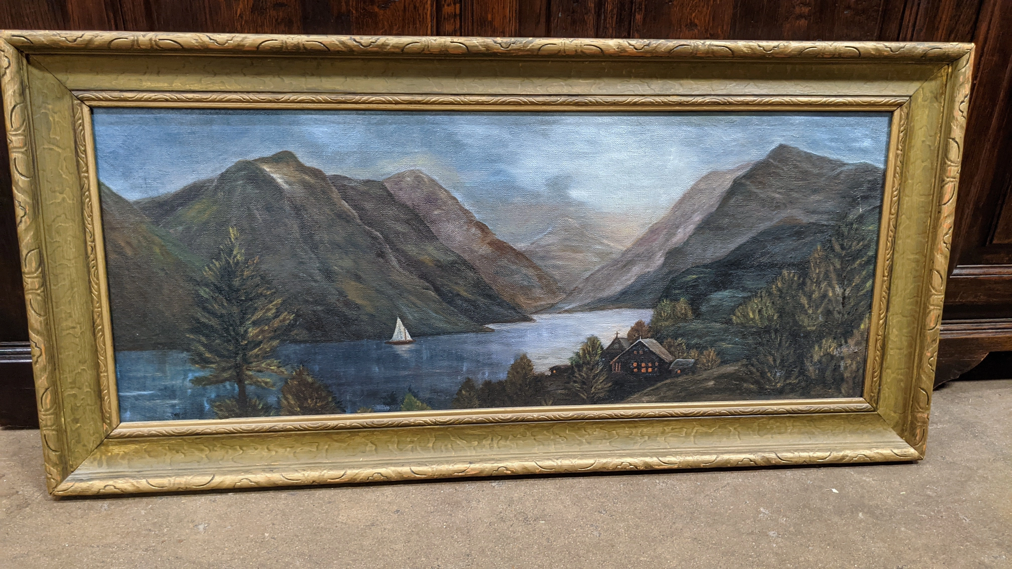 1920'S PRIMITIVE FIORD LANDSCAPE OIL PAINTING IN GILT FRAME