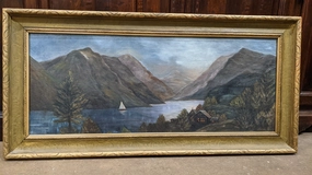 1920'S PRIMITIVE FIORD LANDSCAPE OIL PAINTING IN GILT FRAME classic mural painting