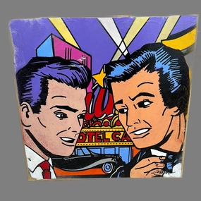 1960'S CARTOON PAINTING ON WOOD-2 MEN BY A MOTEL BY ROB CONOVER classic mural painting