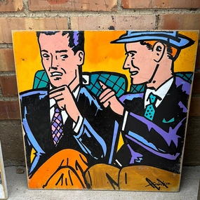 1960'S CARTOON PAINTING ON WOOD-2 MEN IN CHAIRS BY ROB CONOVER classic mural painting