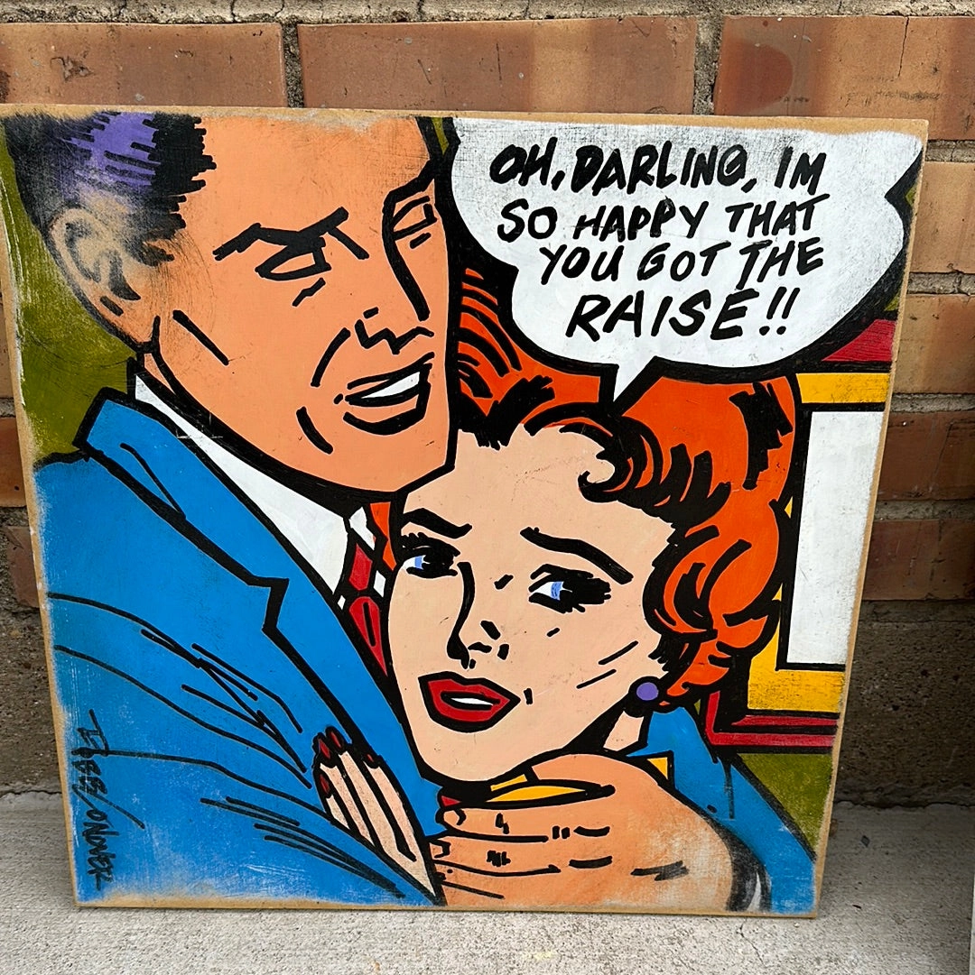 1960'S CARTOON PAINTING ON WOOD-MAN AND A WOMAN BY ROB CONOVER classic mural painting