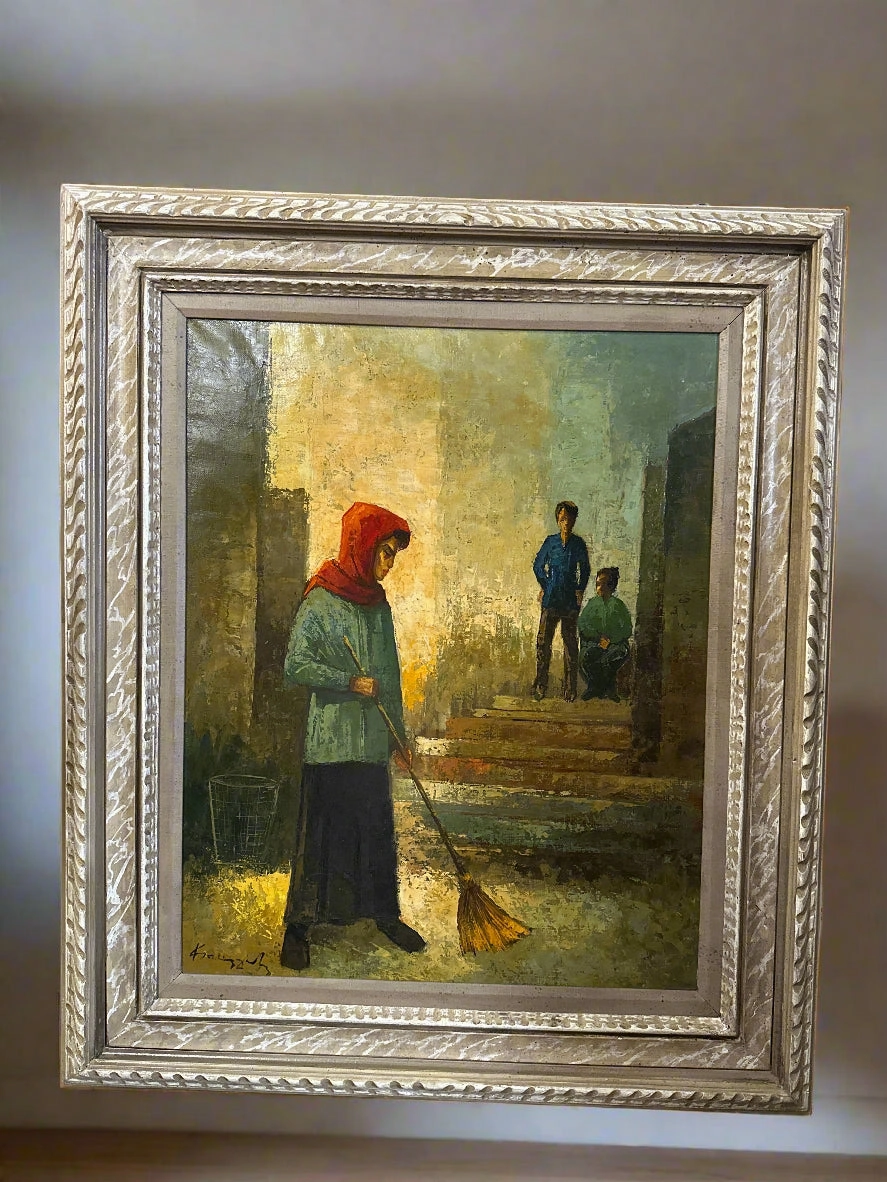 1960s OIL PAINTING WOMAN IN RED SCARF classic mural painting