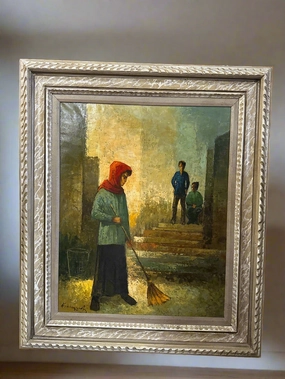 1960s OIL PAINTING WOMAN IN RED SCARF classic mural painting