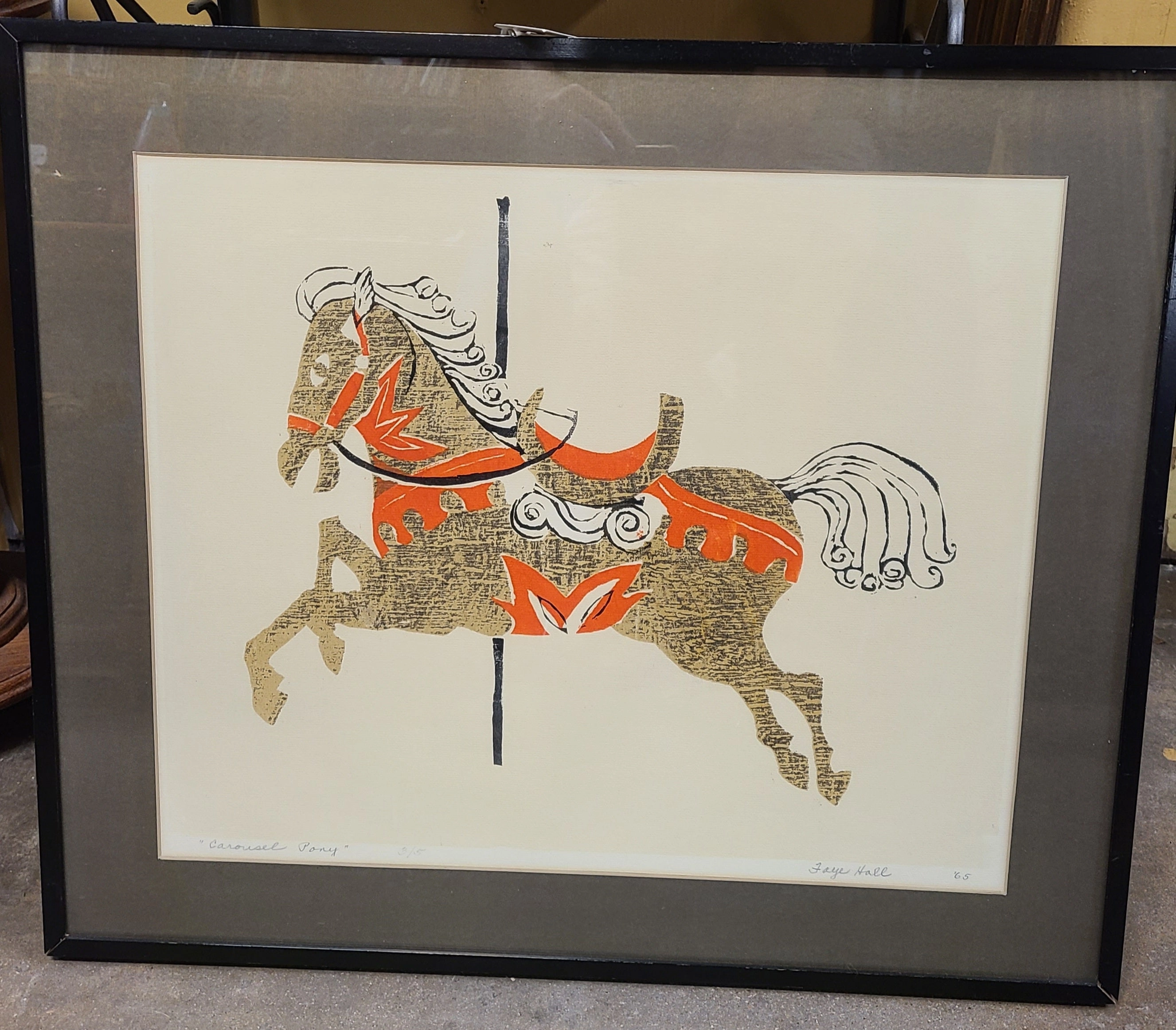 1965 CAROUSEL HORSE PAINTING BY FAYE HALL classic mural painting