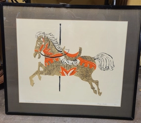 1965 CAROUSEL HORSE PAINTING BY FAYE HALL classic mural painting