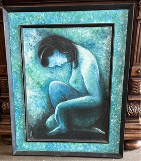 1965 PAINTING OF BLUE NUDE WOMAN BY CHARLOTTE MANNING classic mural painting