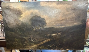 19TH CENRURY OIL PAINTING OF CATTLE CROSSING BRIDGE classic mural painting