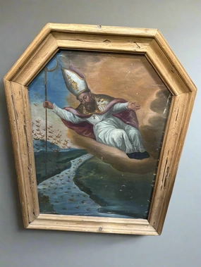 19TH CENTURY BISHOP PAINTING IN RUSTIC PINE FRAME classic mural painting