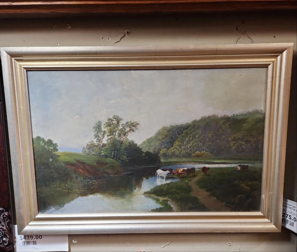 19TH CENTURY BUCOLIC OIL PAINTING WITH COWS IN SILVER FRAME classic mural painting