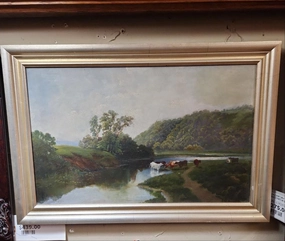 19TH CENTURY BUCOLIC OIL PAINTING WITH COWS IN SILVER FRAME classic mural painting