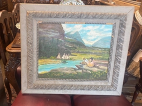 19TH CENTURY FRAME WITH PRIMITIVE OIL PAINTING OF INDIAN BY RIVER classic mural painting