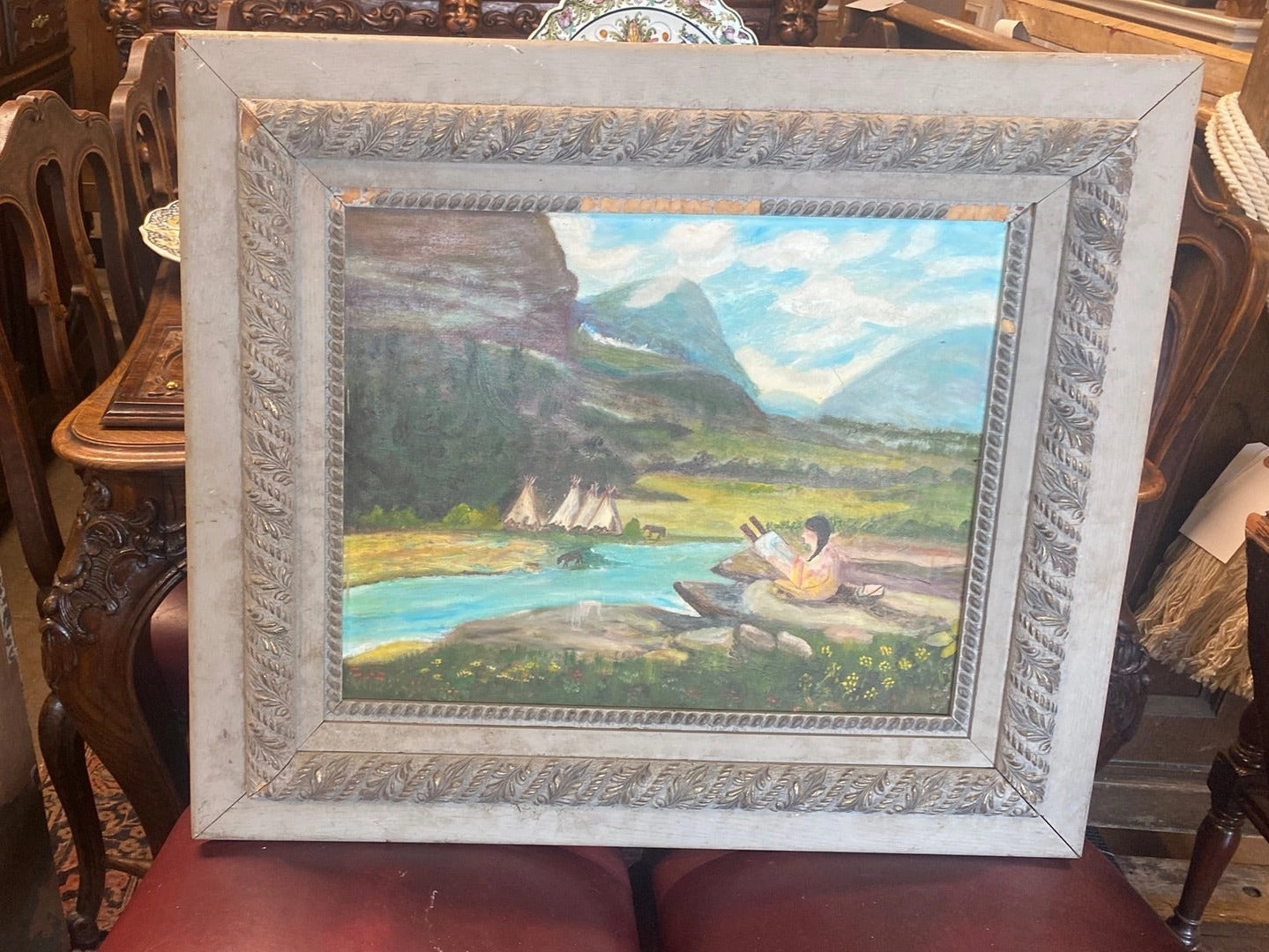 19TH CENTURY FRAME WITH PRIMITIVE OIL PAINTING OF INDIAN BY RIVER classic mural painting