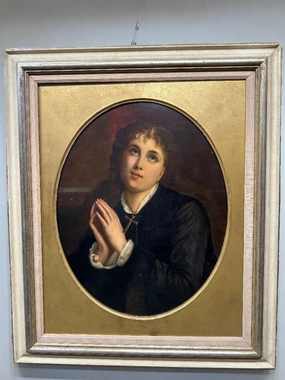19TH CENTURY FRAMED OIL PAINTING OF A GIRL PRAYING classic mural painting
