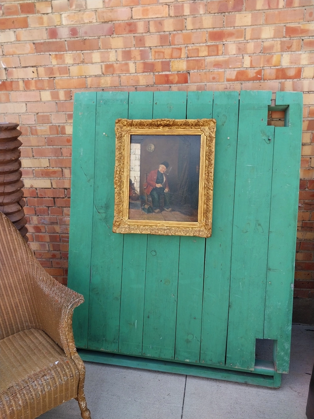 19TH CENTURY GILT FRAMED OIL PAINTING OF INTERIOR WITH DUTCHMAN